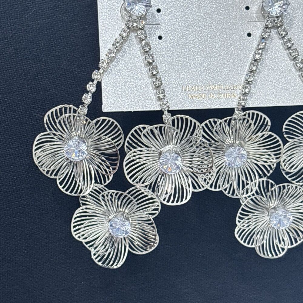 Natasha Silver Tone Wire Floral Rhinestone Statement Earrings NWT - Picture 3 of 9